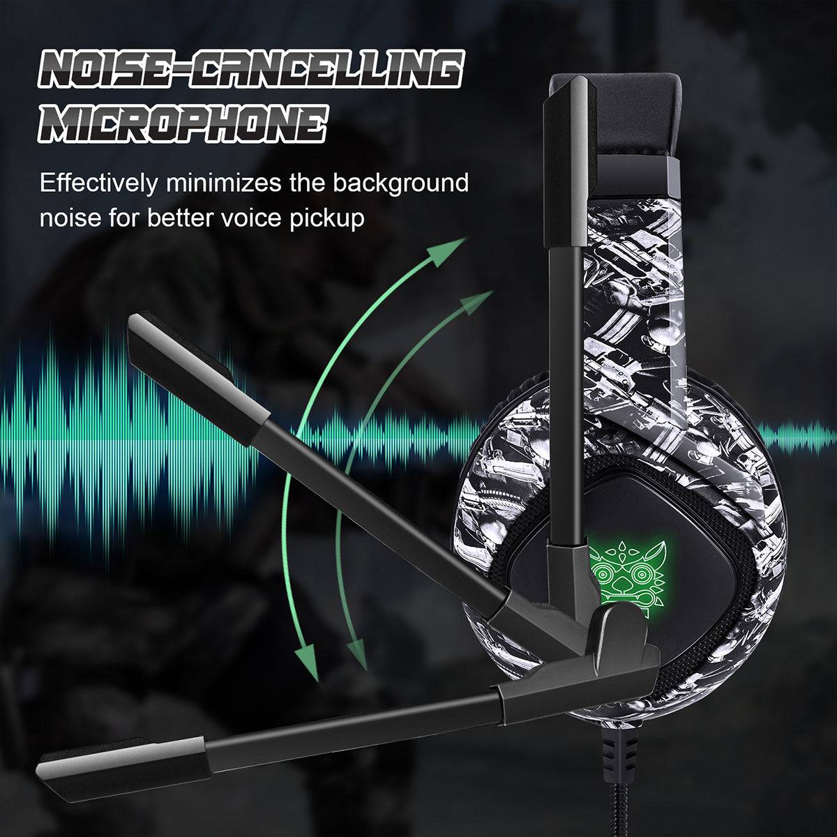 ONIKUMA K19 Gaming Headset featuring a noise-canceling microphone that minimizes background noise for clear voice communication during gameplay.