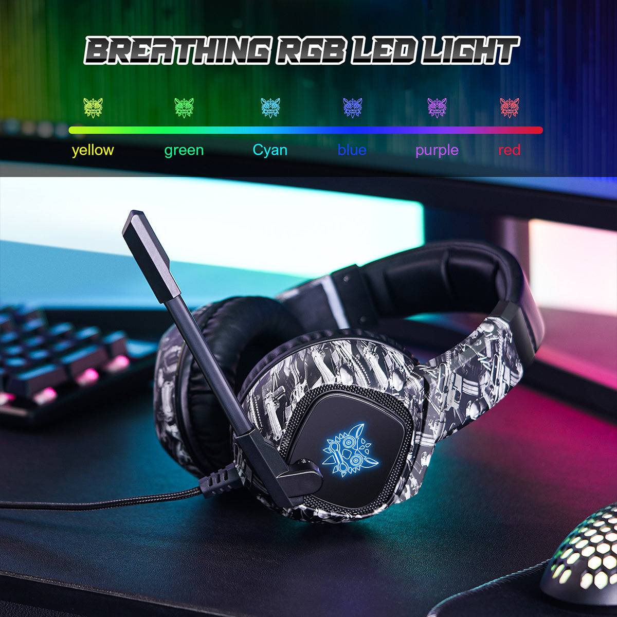 ONIKUMA K19 RGB Gaming Headset with breathing LED lights in multiple colors, enhancing the gaming atmosphere with stylish illumination.