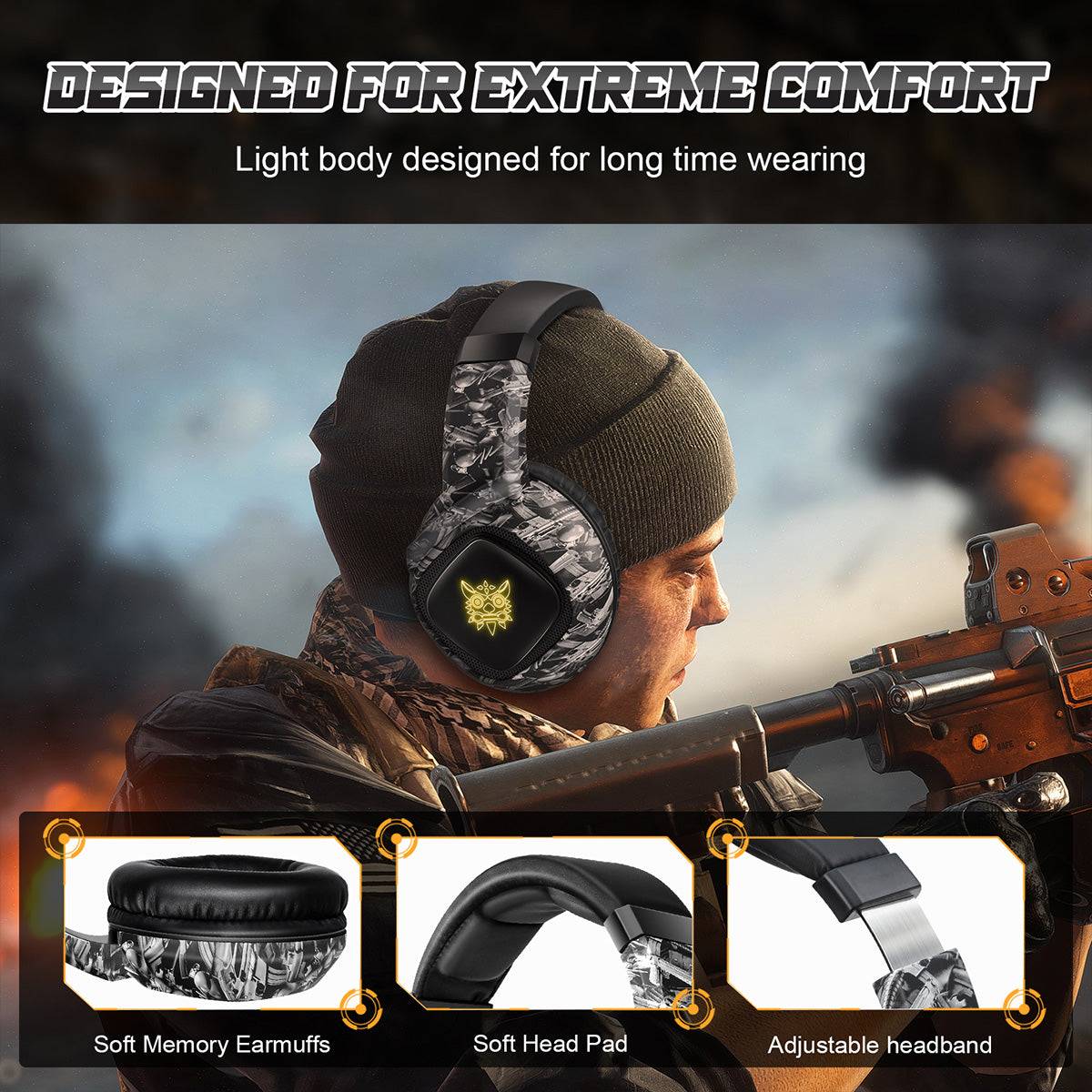 ONIKUMA K19 Gaming Headset designed for extreme comfort with soft memory earmuffs, an adjustable headband, and a lightweight build for long gaming sessions.