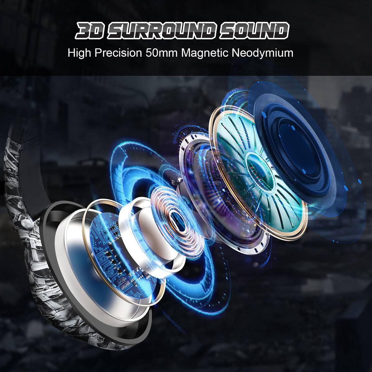 ONIKUMA K19 Gaming Headset with 3D surround sound and high-precision 50mm magnetic neodymium drivers for an enhanced audio experience.