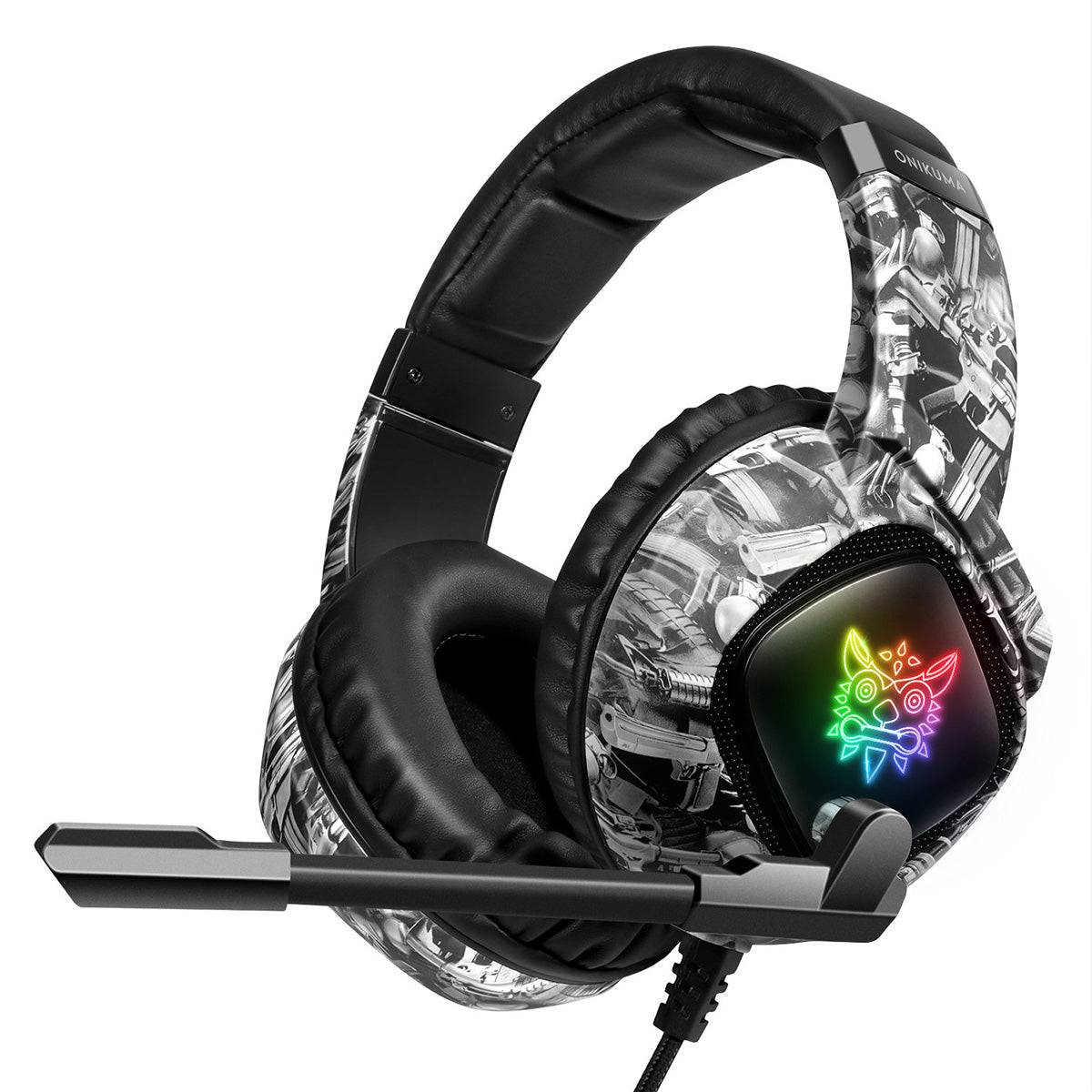ONIKUMA K19 RGB Wired Gaming Headset with a flexible noise-canceling microphone and vibrant LED lighting for an immersive gaming setup.