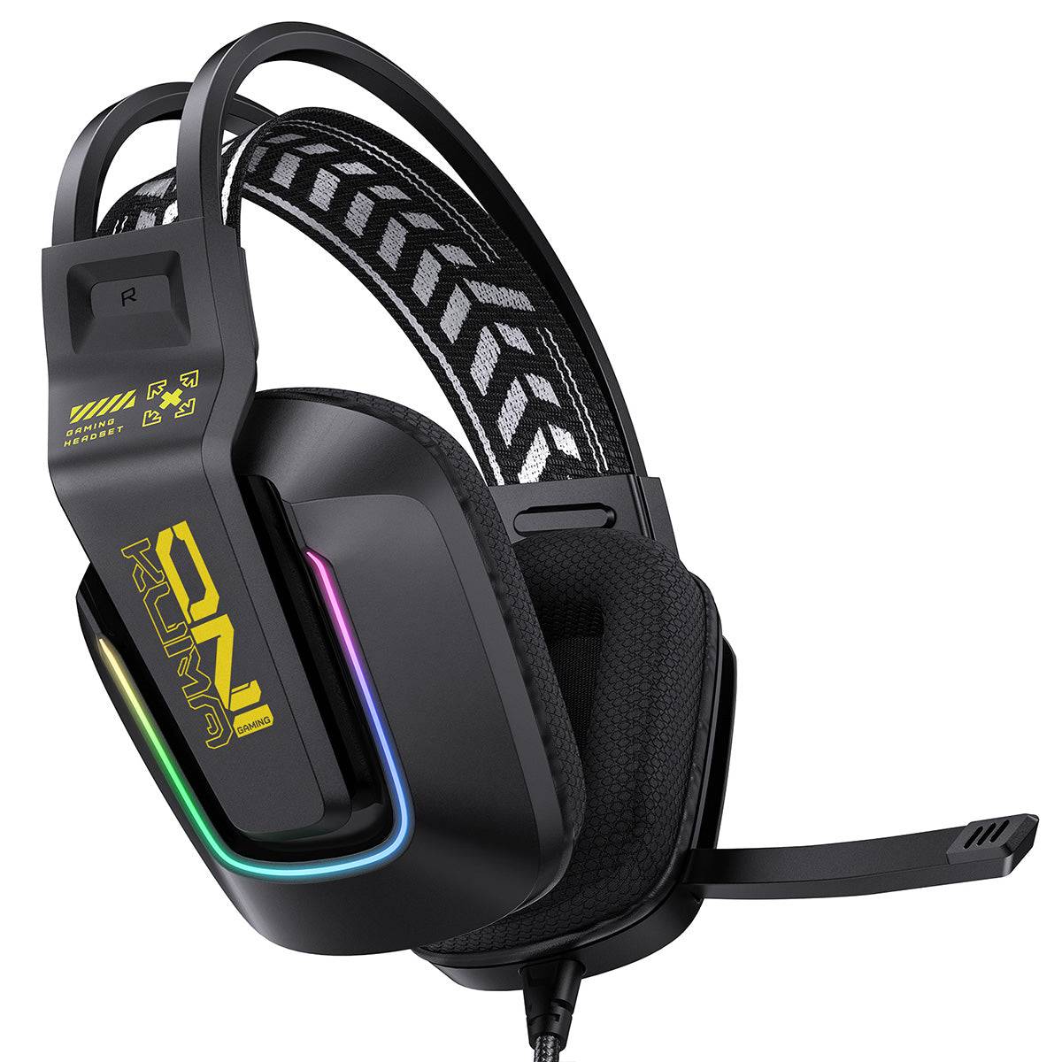ONIKUMA X13 RGB Gaming Headset in black, side view showcasing its durable build, noise-canceling microphone, and vibrant RGB lighting.