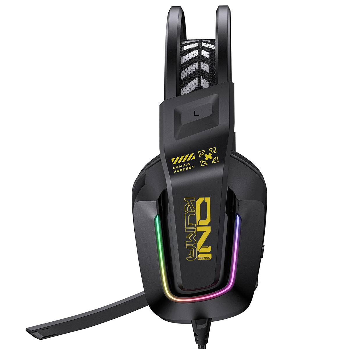 ONIKUMA X13 RGB Gaming Headset in black, side profile highlighting the stylish yellow branding, RGB lighting, and flexible microphone.