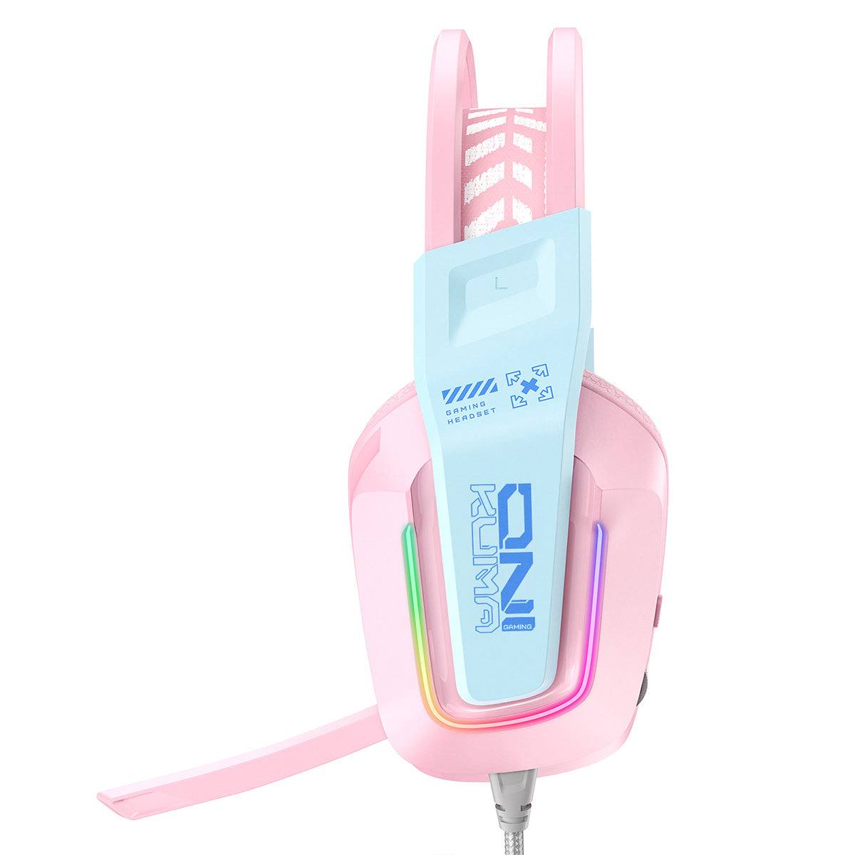 ONIKUMA X13 RGB Gaming Headset in pink, side profile highlighting the stylish blue branding, RGB lighting, and flexible microphone.