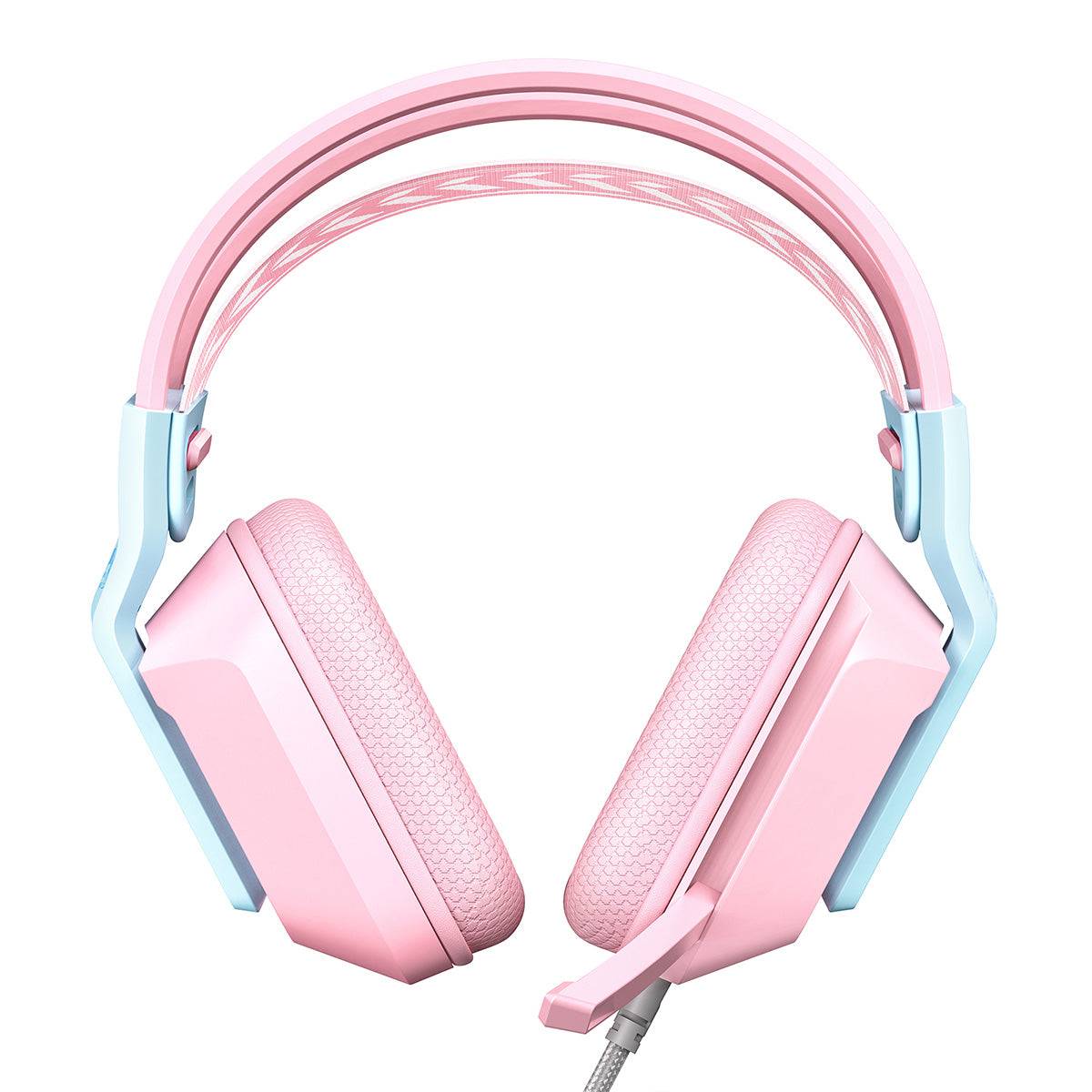 ONIKUMA X13 RGB Gaming Headset in pink, front view displaying the cushioned ear cups and adjustable headband for maximum comfort.