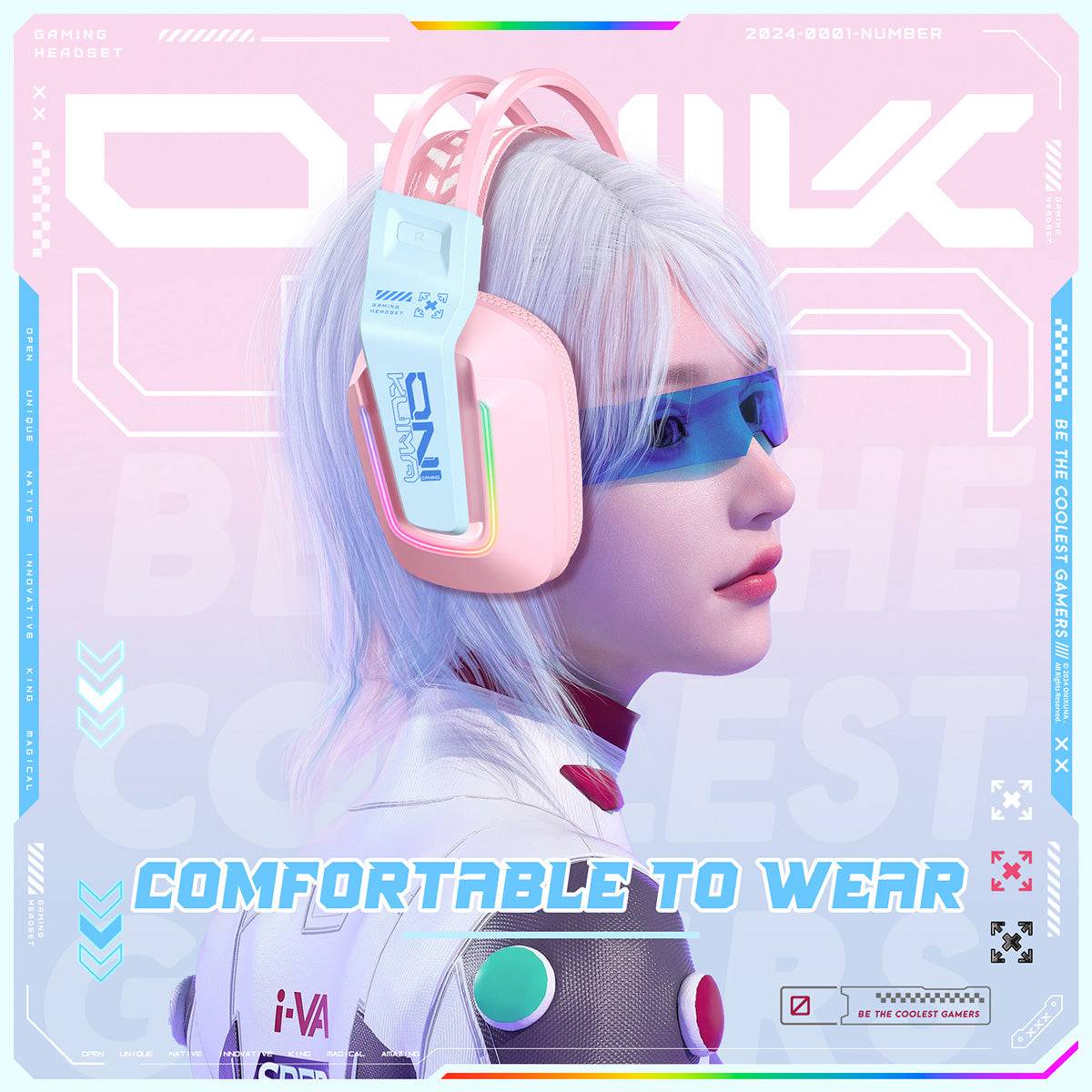 ONIKUMA X13 RGB Gaming Headset worn by a futuristic character, highlighting its stylish design and comfortable fit for extended gaming sessions.