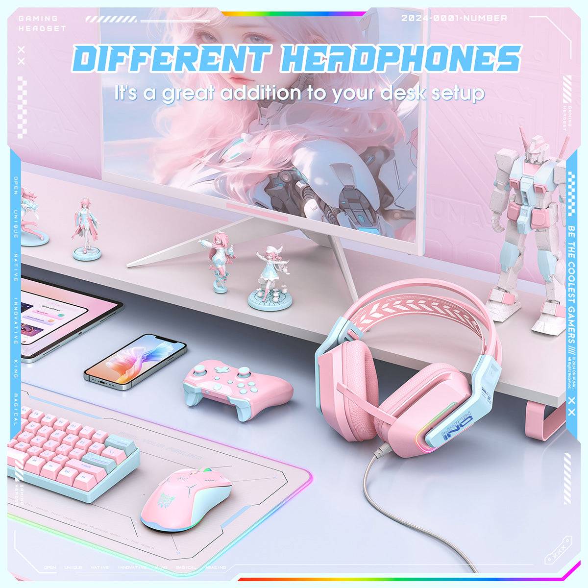 ONIKUMA X13 RGB Gaming Headset displayed in a pastel-themed gaming setup, complementing a stylish and immersive gaming environment.