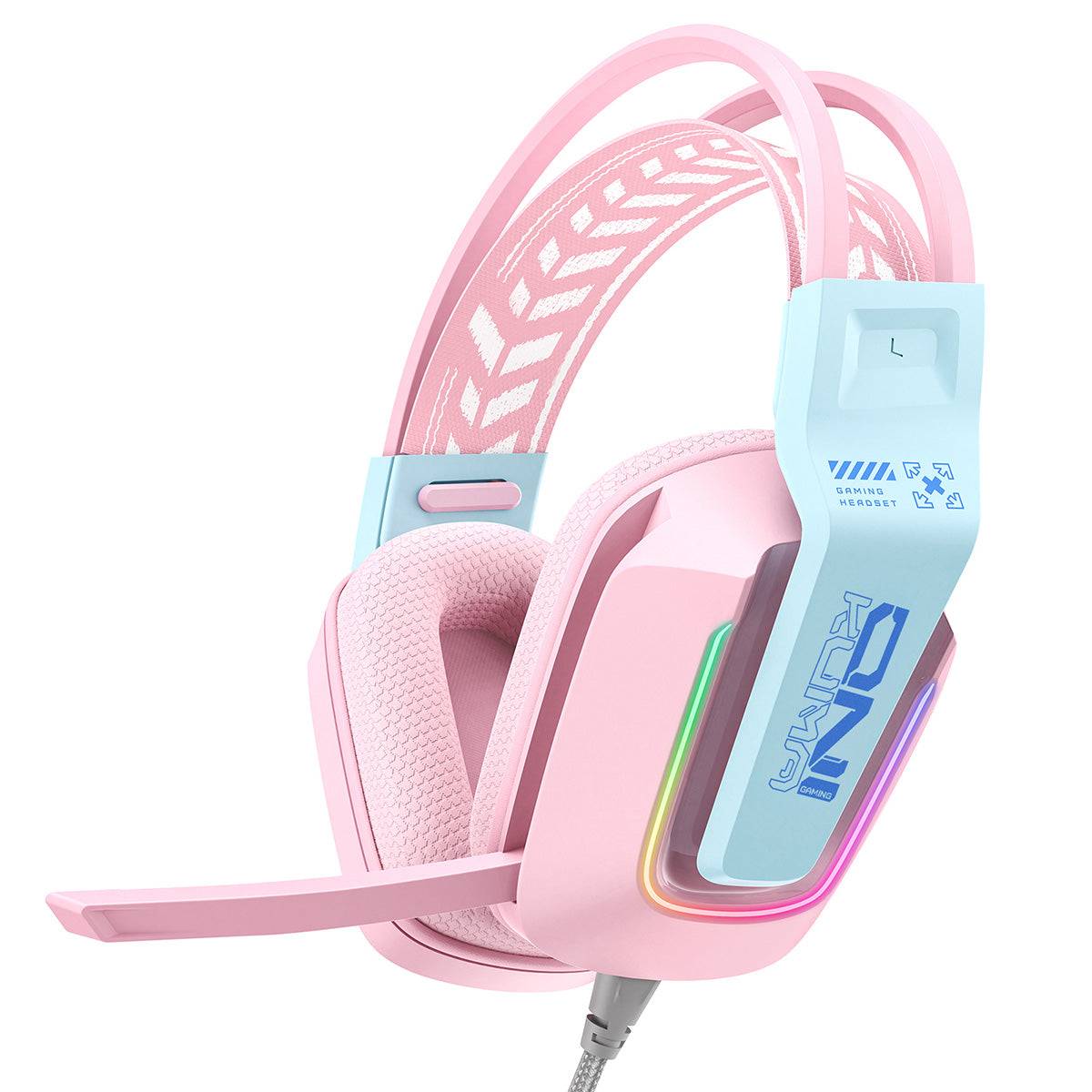 ONIKUMA X13 RGB Wired Gaming Headset in pink with soft ear cushions, adjustable headband, and noise-canceling microphone for enhanced comfort.