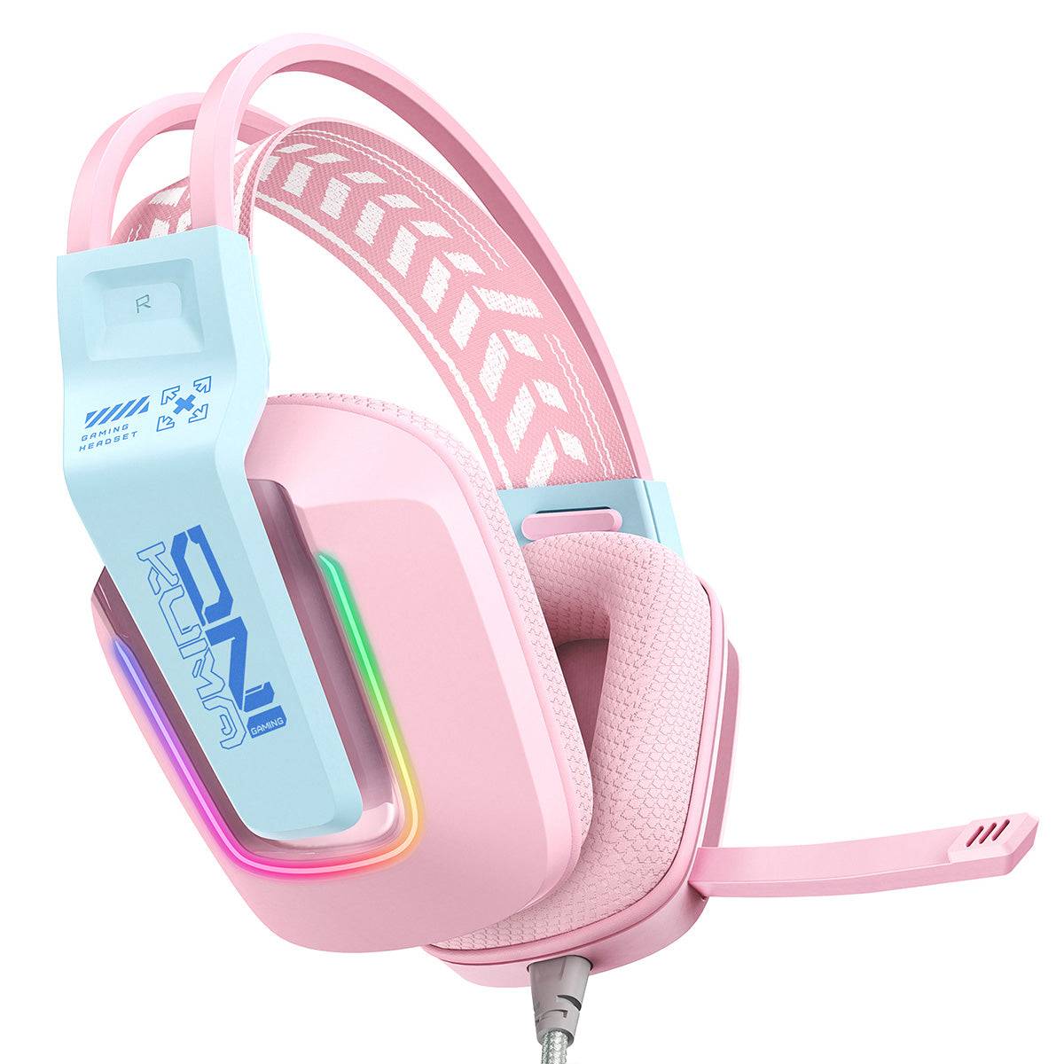 ONIKUMA X13 RGB Gaming Headset in pink, side view showcasing its ergonomic design, breathable ear cushions, and noise-reducing microphone.