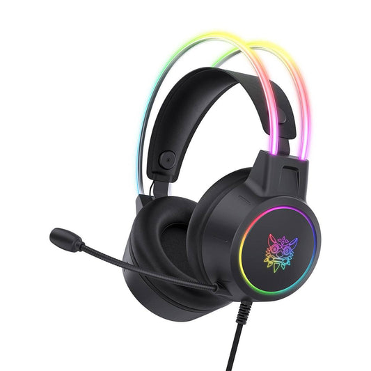 ONIKUMA X15 Pro RGB Double-Head Beam Wired Gaming Headset in black featuring immersive surround sound, adjustable headband, and dynamic RGB lighting.