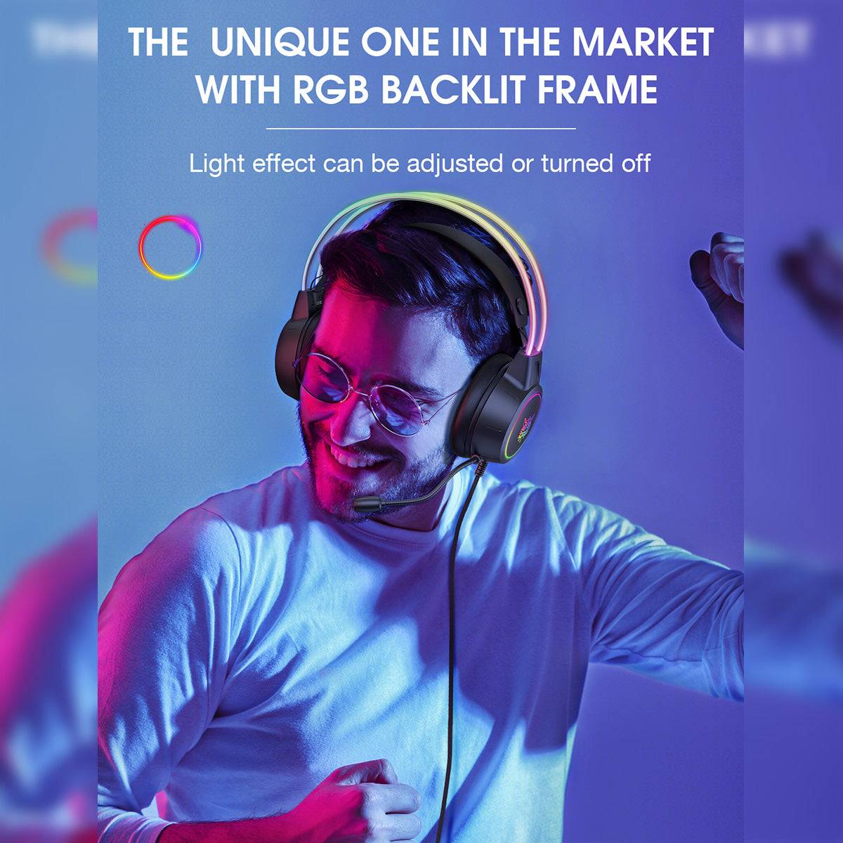 Gamer wearing ONIKUMA X15 Pro RGB Wired Gaming Headset with adjustable RGB backlit frame, highlighting its stylish and immersive gaming experience.