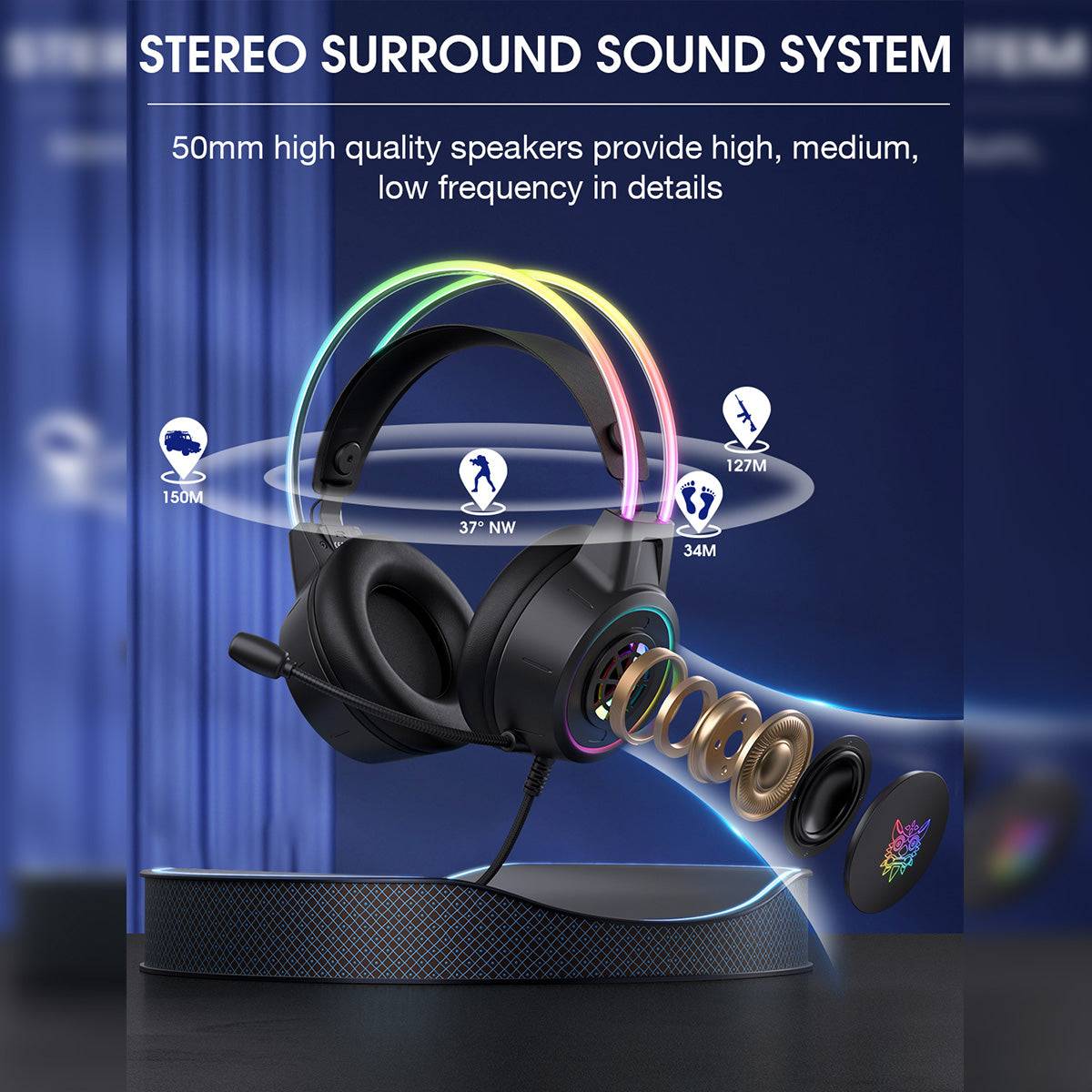 ONIKUMA X15 Pro RGB Gaming Headset with 50mm stereo surround sound speakers delivering high, medium, and low-frequency details for immersive gaming audio.