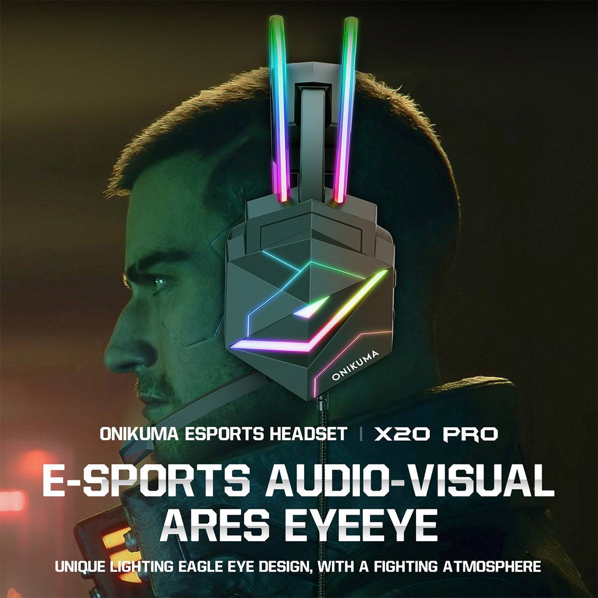 ONIKUMA X20 Pro Esports Gaming Headset featuring eagle-eye RGB lighting design and high-fidelity sound for an enhanced gaming atmosphere.