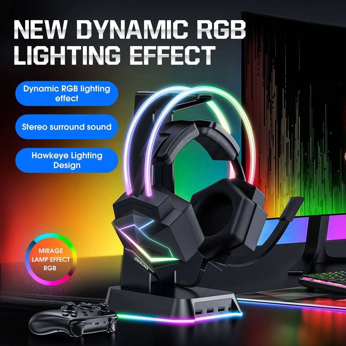 ONIKUMA X20 RGB Gaming Headset with dynamic lighting effects, stereo surround sound, and hawkeye lighting design for an immersive gaming experience.