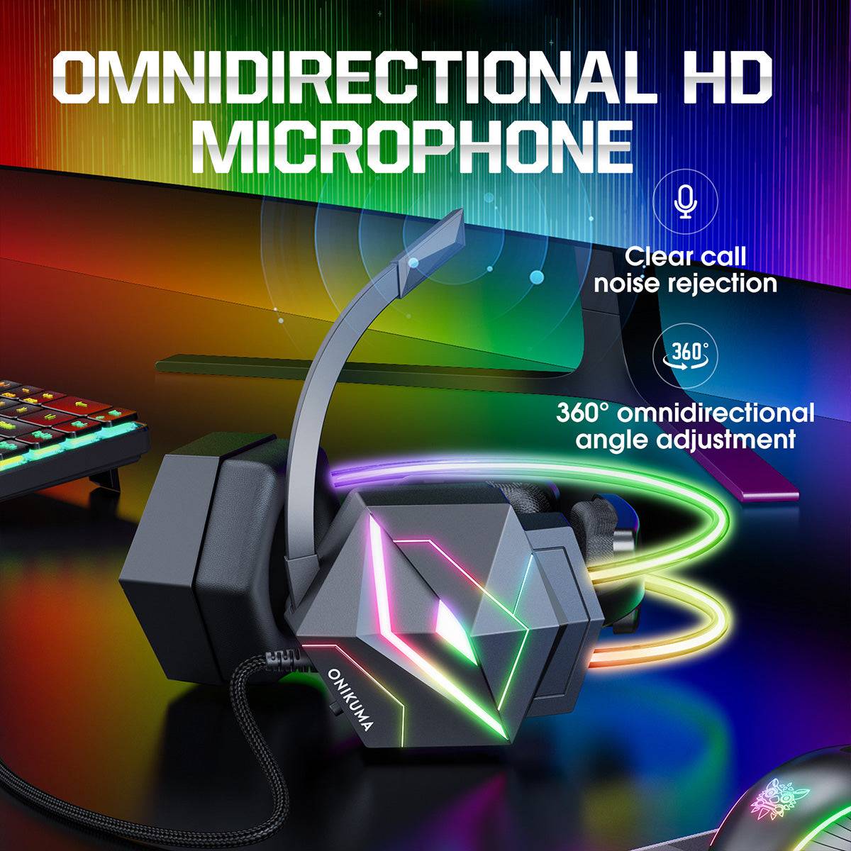 ONIKUMA X20 Gaming Headset with omnidirectional HD microphone, clear call noise rejection, and 360-degree angle adjustment for precise communication.
