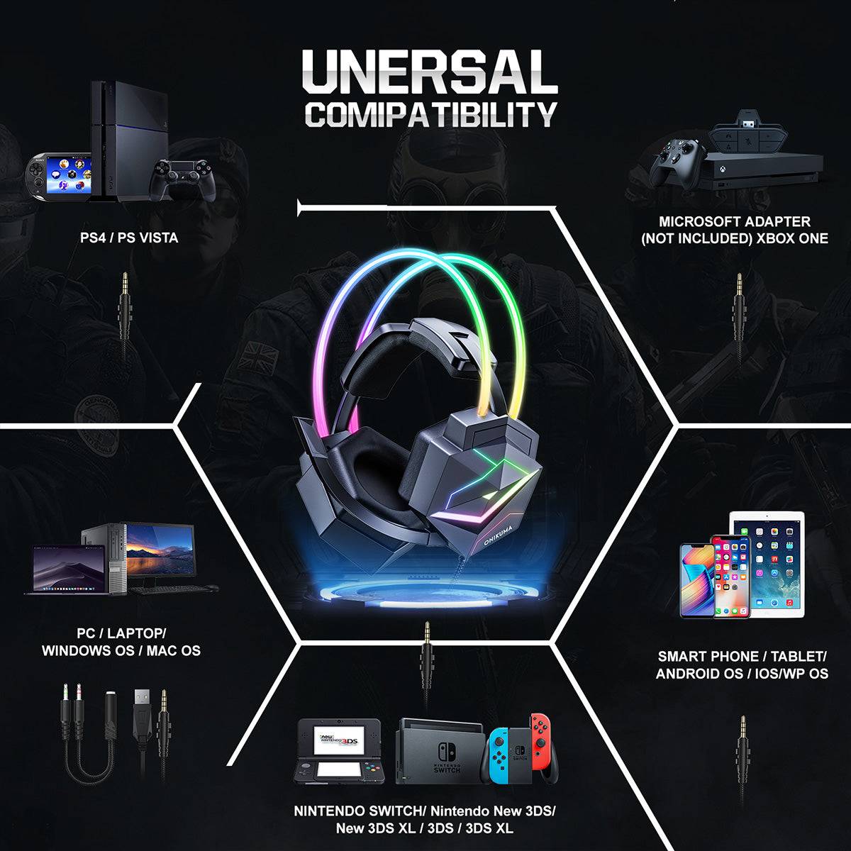 ONIKUMA X20 RGB Wired Gaming Headset with universal compatibility for PS4, Xbox, PC, Nintendo Switch, and mobile devices for versatile gaming.