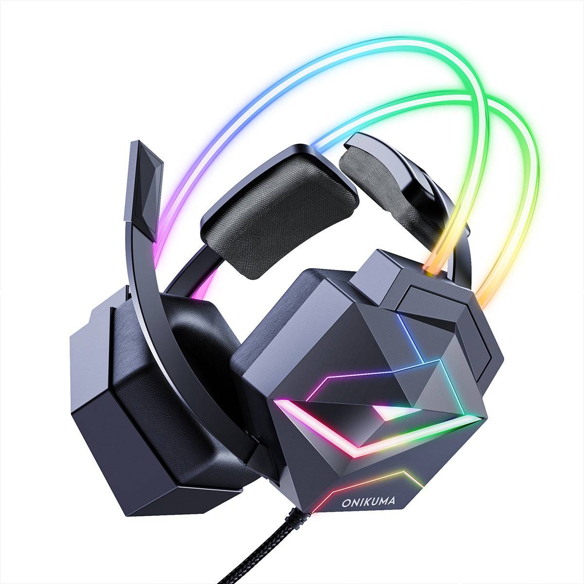 ONIKUMA X20 RGB Gaming Headset with futuristic design, vibrant RGB lighting, and noise-isolating ear cups for immersive gaming sessions.