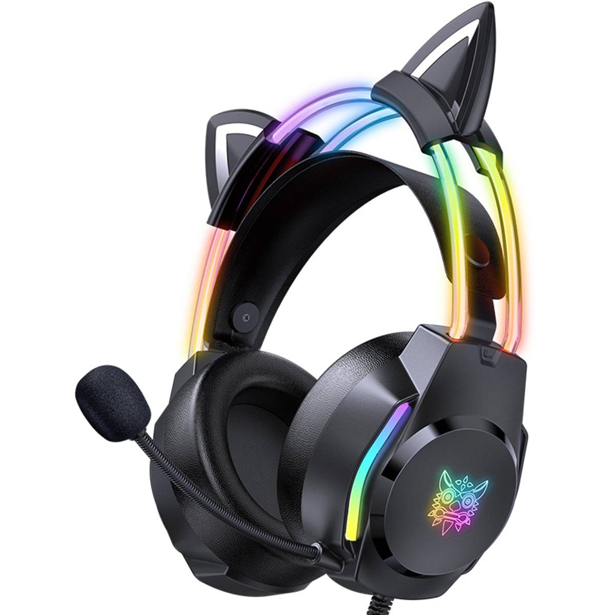 ONIKUMA X26 Cat Ear RGB Wired Gaming Headset in black with vibrant LED lighting, noise-canceling microphone, and cushioned ear cups for immersive gaming.