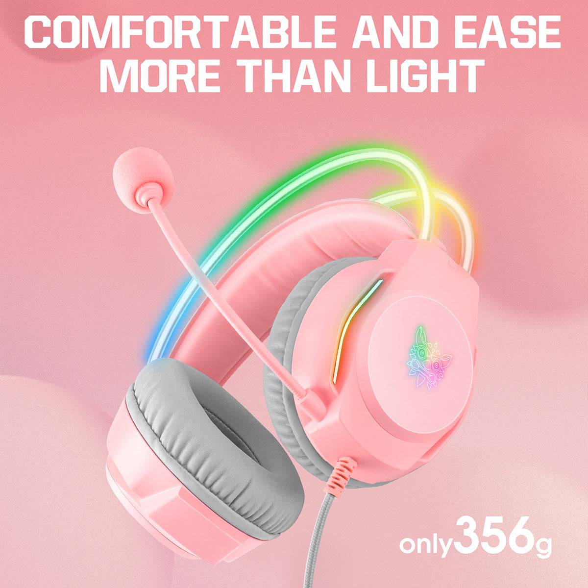 Lightweight ONIKUMA X26 Cat Ear RGB Gaming Headset weighing only 356g, offering comfort and ease for extended gaming sessions.