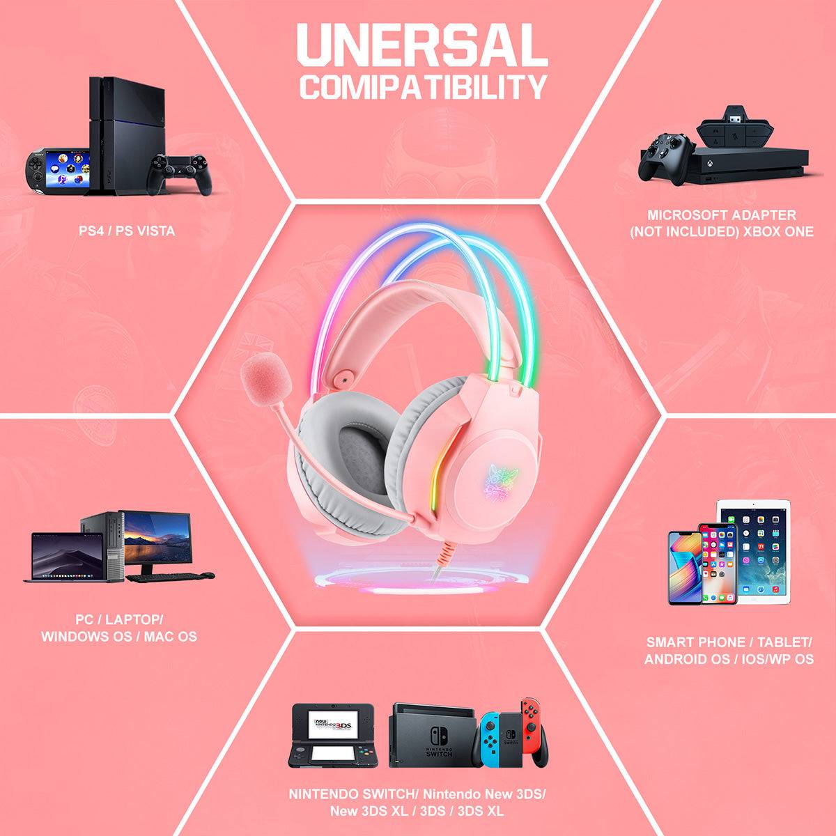 ONIKUMA X26 Cat Ear RGB Gaming Headset with universal compatibility for PS4, PC, laptops, smartphones, and Nintendo Switch for versatile gaming.