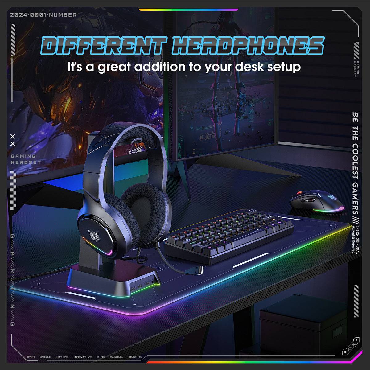 ONIKUMA X31 Gaming Headset displayed on a stylish gaming desk setup with RGB lighting for an enhanced gaming experience.