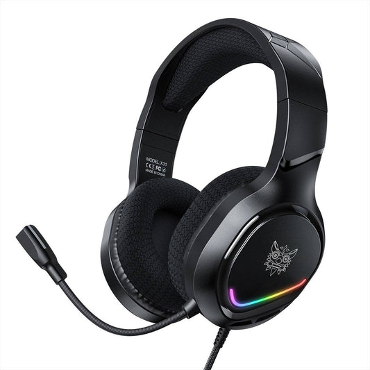 ONIKUMA X31 RGB Light Wired Gaming Headset with noise-canceling microphone and ergonomic ear cushions for immersive gaming experience.