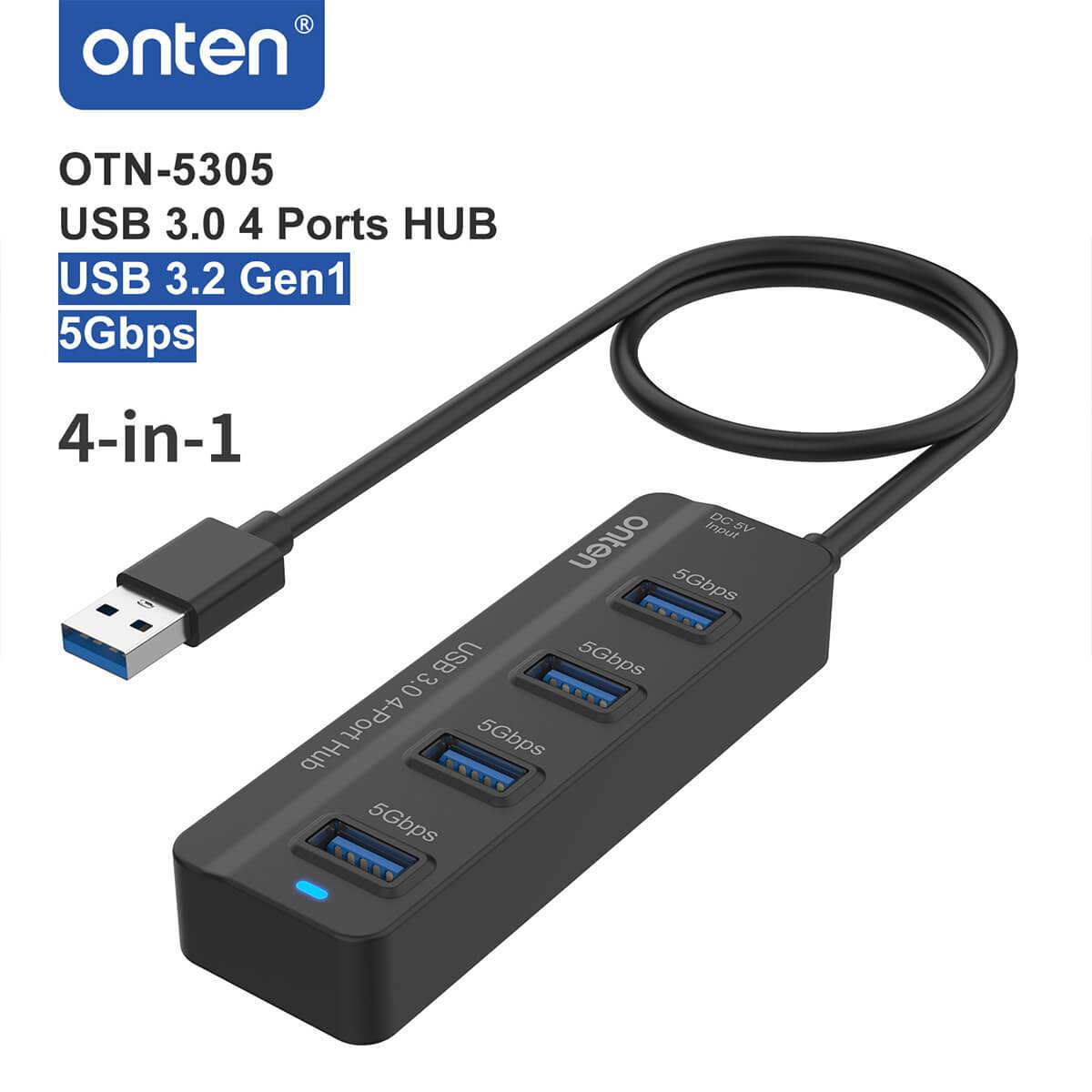 Onten 5305 USB 3.0 4-Port Hub featuring USB 3.2 Gen 1 technology with 5Gbps transfer speed. Ideal for expanding USB connectivity on laptops and desktops.