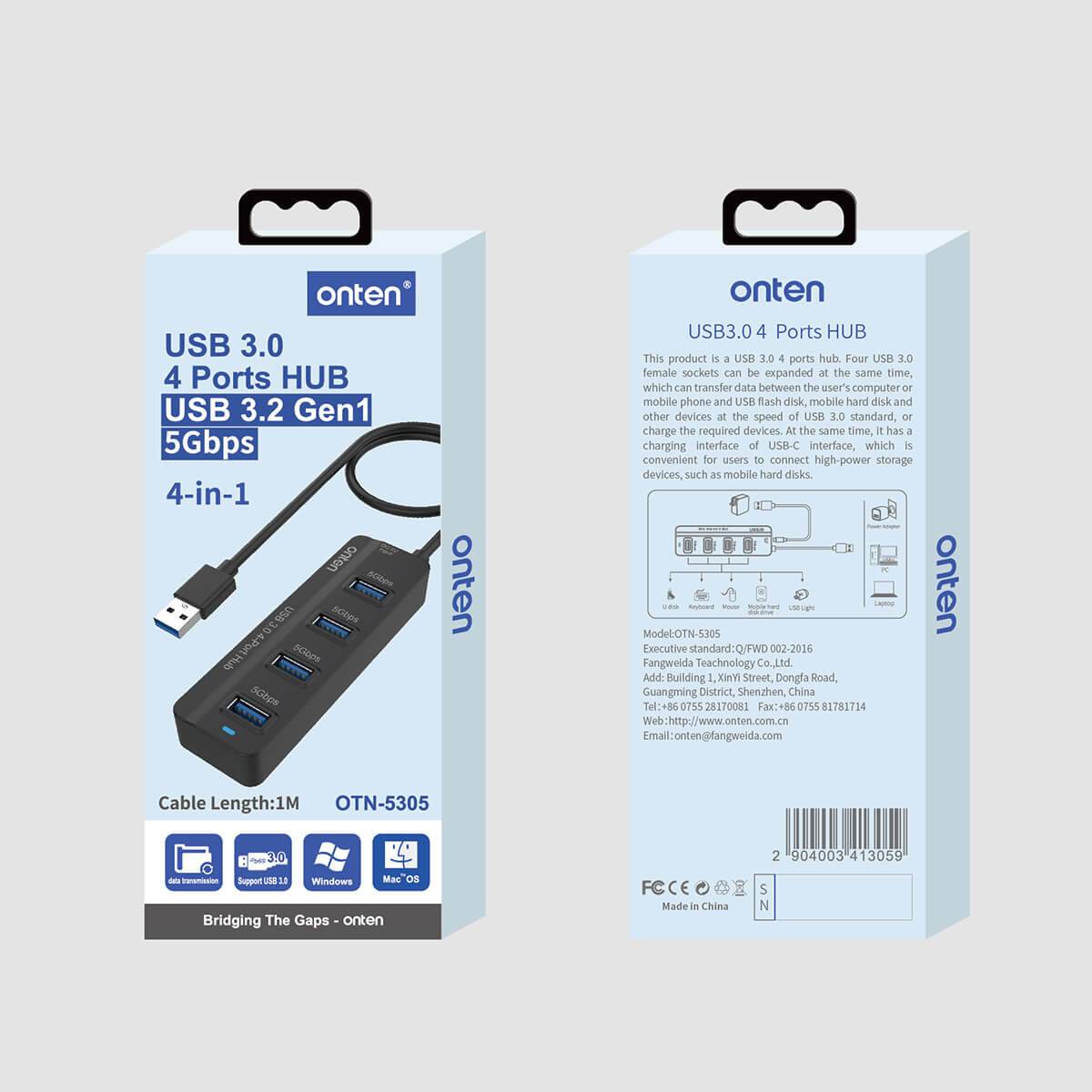 Onten 5305 USB 3.0 4-Port Hub retail packaging with product details. Features USB 3.2 Gen 1, 5Gbps speed, and 1-meter cable length for convenience.