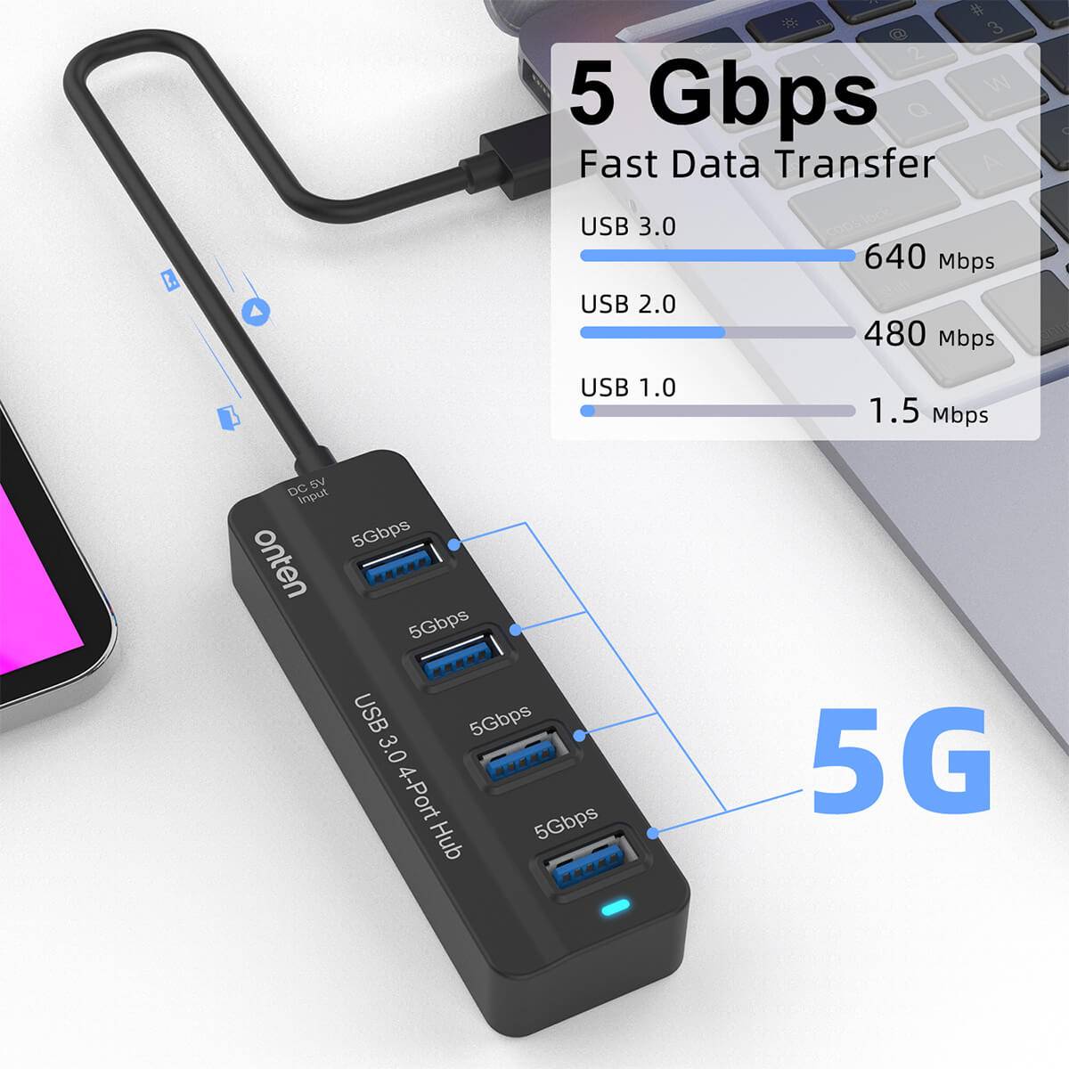 High-speed Onten 5305 USB 3.0 4-Port Hub with 5Gbps data transfer. Enhances connectivity for laptops and desktops with fast and efficient performance.