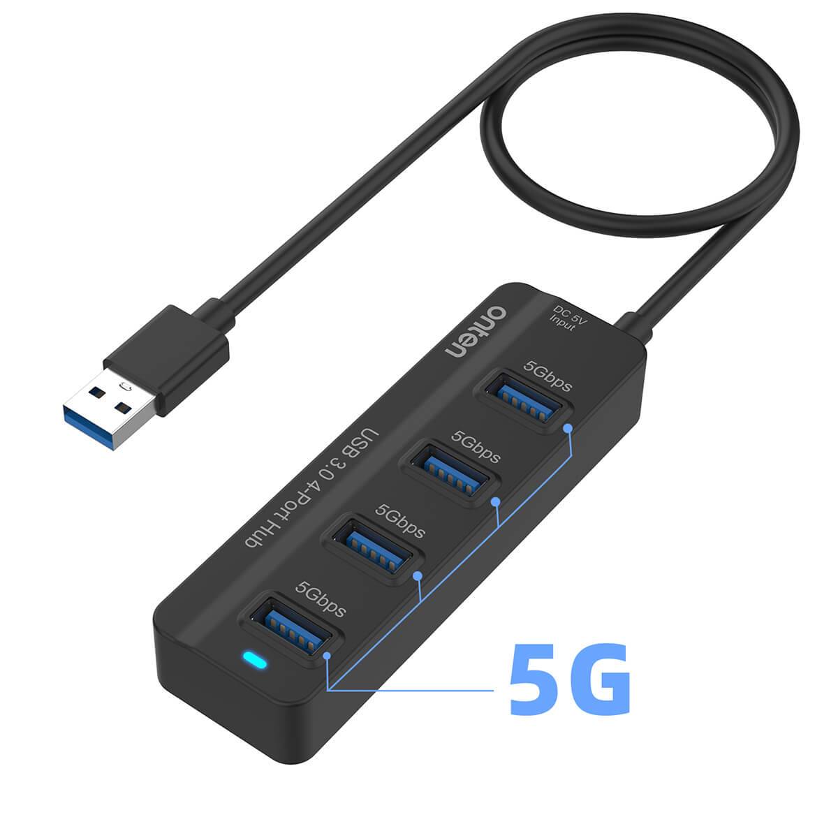 Onten 5305 USB 3.0 4-Port Hub with independent switches and 5Gbps high-speed data transfer. Compact and lightweight design for easy portability.