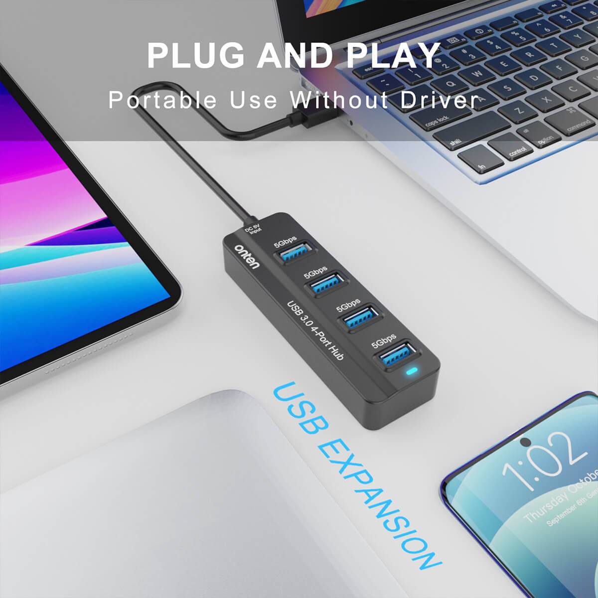 Plug and play Onten 5305 USB 3.0 4-Port Hub for easy USB expansion. No drivers required, making it ideal for portable and hassle-free use.