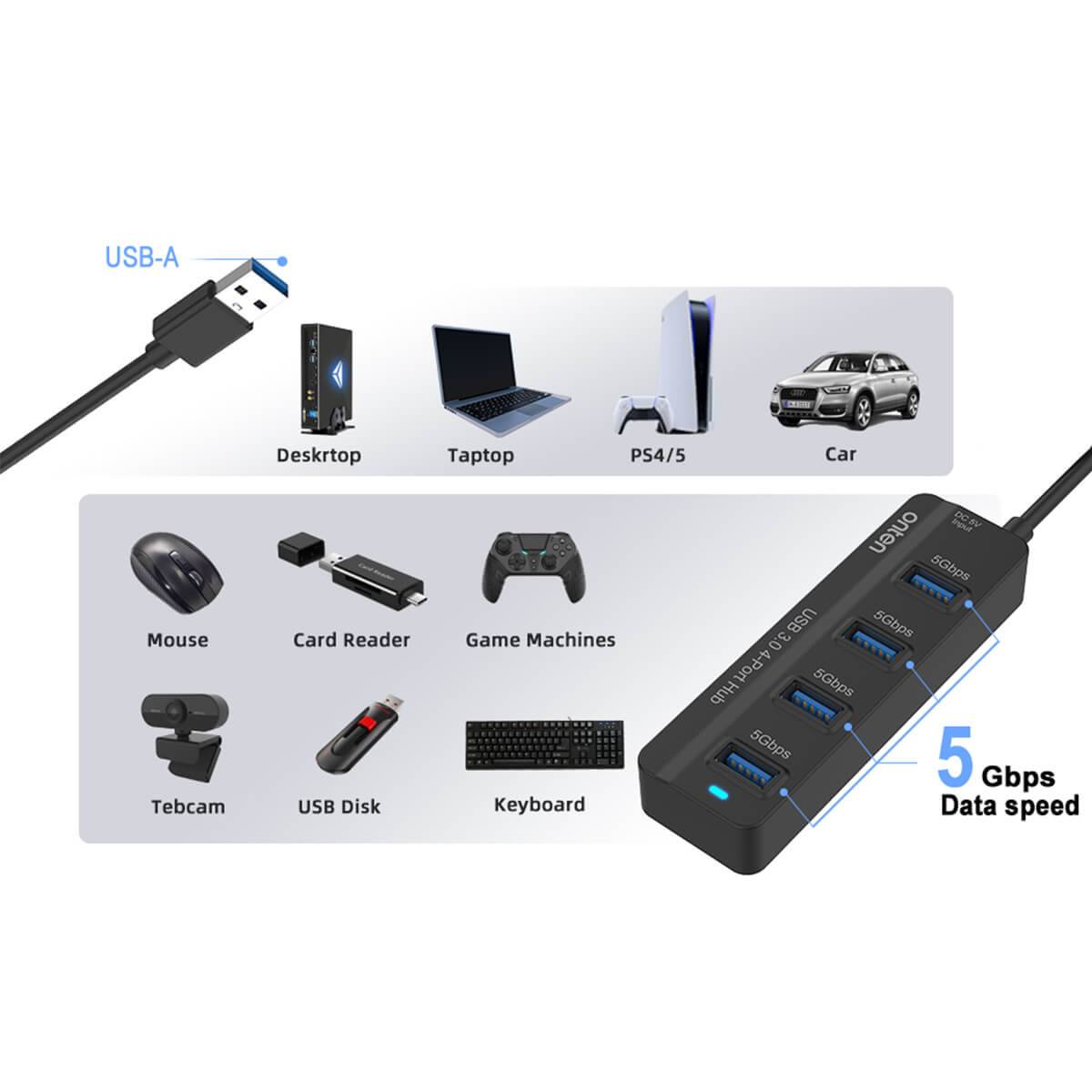 Onten 5305 USB 3.0 4-Port Hub compatible with desktops, laptops, PS4/5, and more. Supports multiple peripherals like keyboards, mice, and USB drives.