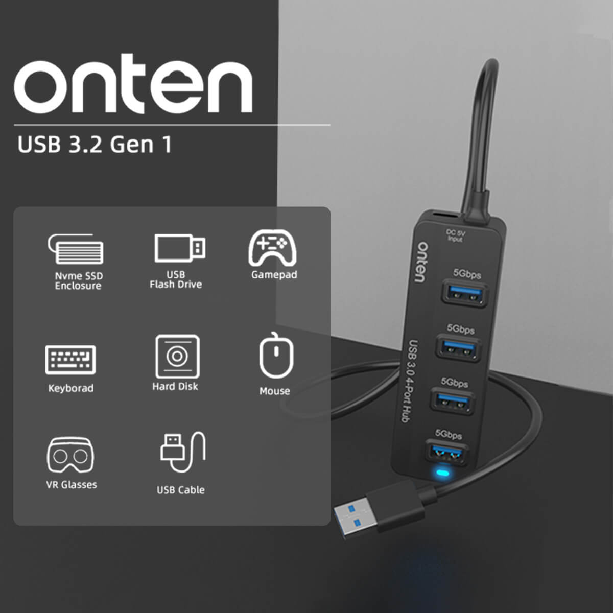 Onten USB 3.2 Gen 1 Hub supports multiple devices like SSD enclosures, flash drives, gamepads, and more. High-speed connectivity for efficient performance.