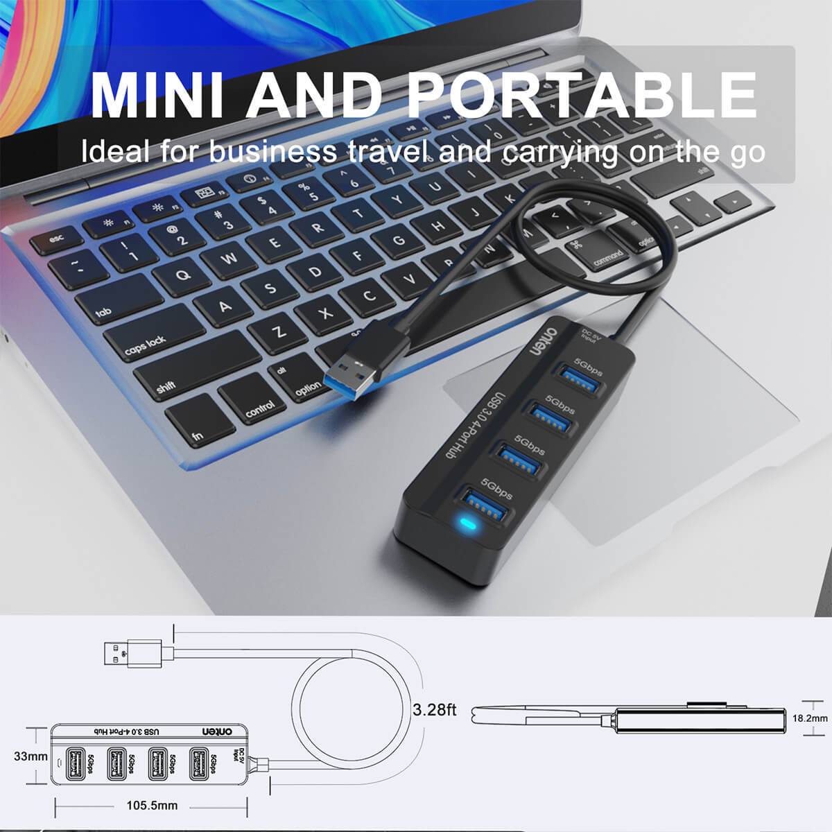Mini and portable Onten 5305 USB 3.0 4-Port Hub, perfect for business travel. Compact design with a 3.28ft cable for convenient on-the-go use.