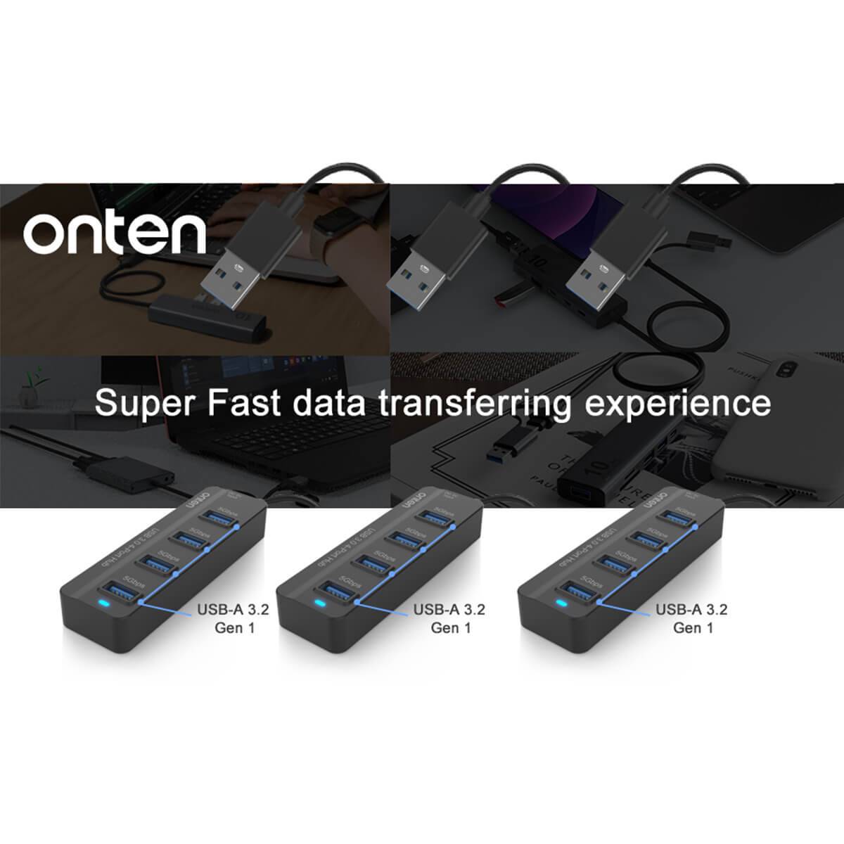 Onten USB 3.0 4-Port Hub delivering super-fast data transfer speeds. USB-A 3.2 Gen 1 ports ensure seamless connectivity for multiple devices.
