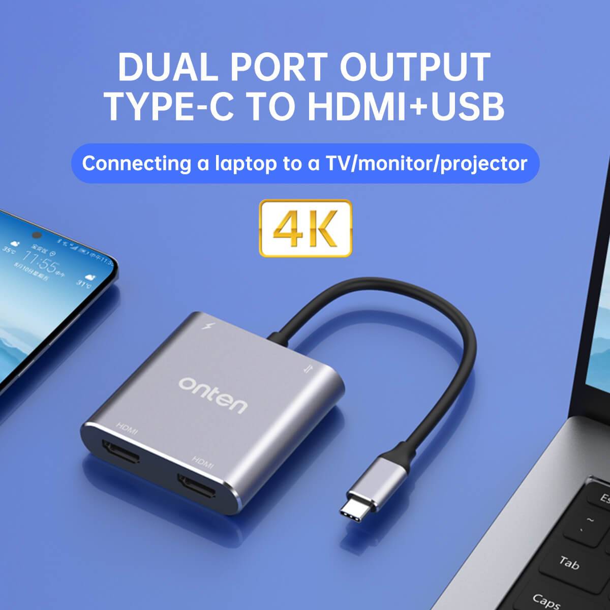 Onten 9175K 4 in 1 Type-C to Dual HDMI Adapter supports 4K resolution, enabling dual-port output for connecting laptops to TVs, monitors, and projectors.