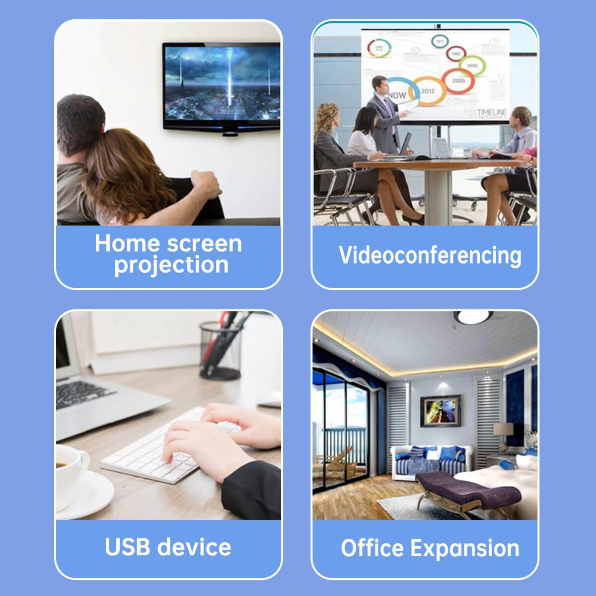 Versatile usage of the Onten 9175K adapter includes home screen projection, videoconferencing, USB device expansion, and office workspace enhancement.
