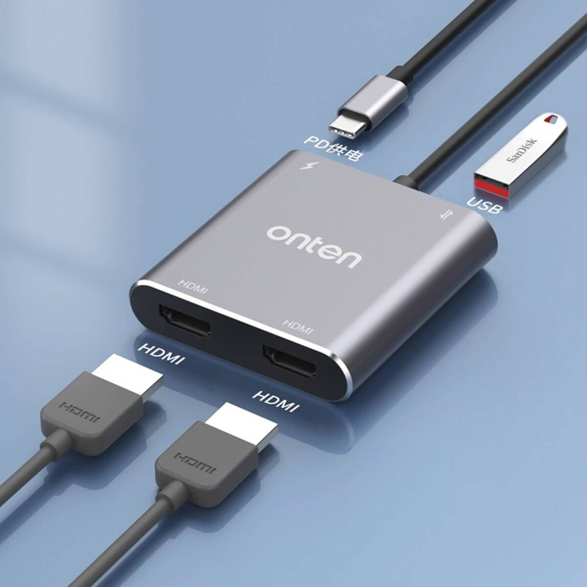 Onten 9175K Type-C to Dual HDMI Adapter connected to multiple devices, showcasing its HDMI, USB, and PD charging ports for enhanced functionality.