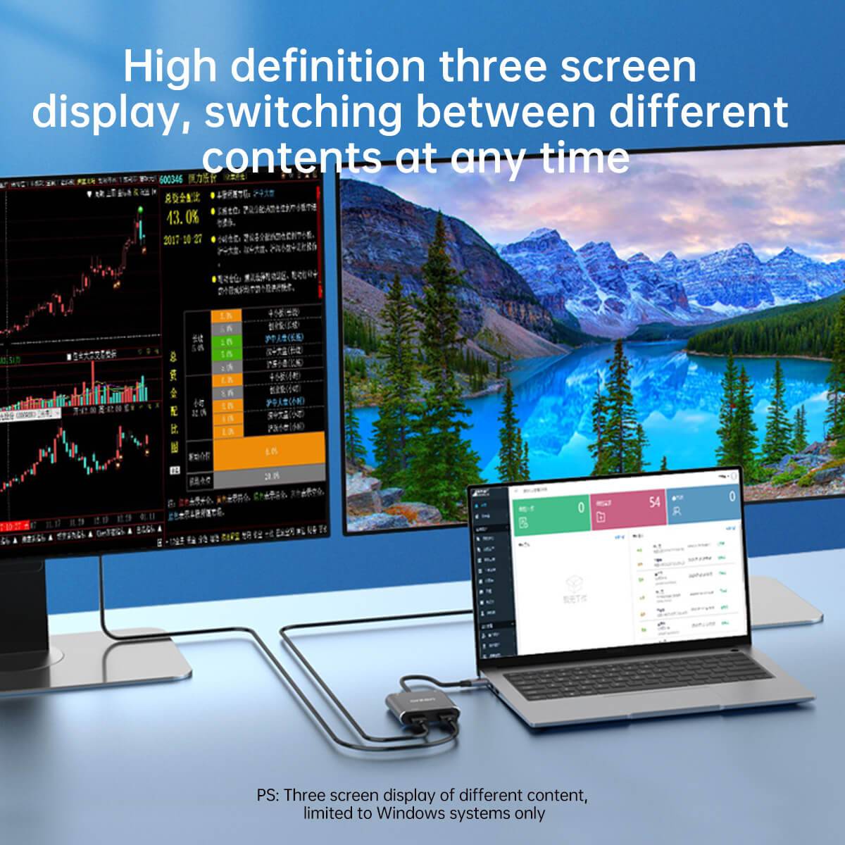 Onten 9175K adapter enables high-definition three-screen display, allowing seamless switching between different content for an efficient multi-screen experience.