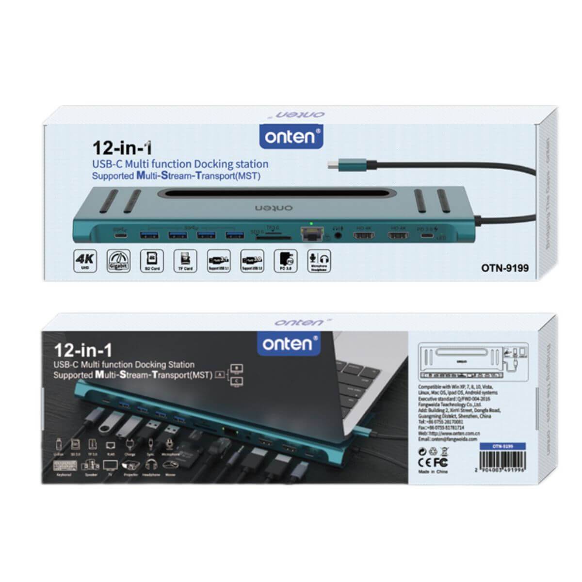 Retail packaging of Onten 9199 12 in 1 Type-C Multi-Function Docking Station, showcasing product features and supported connectivity options.