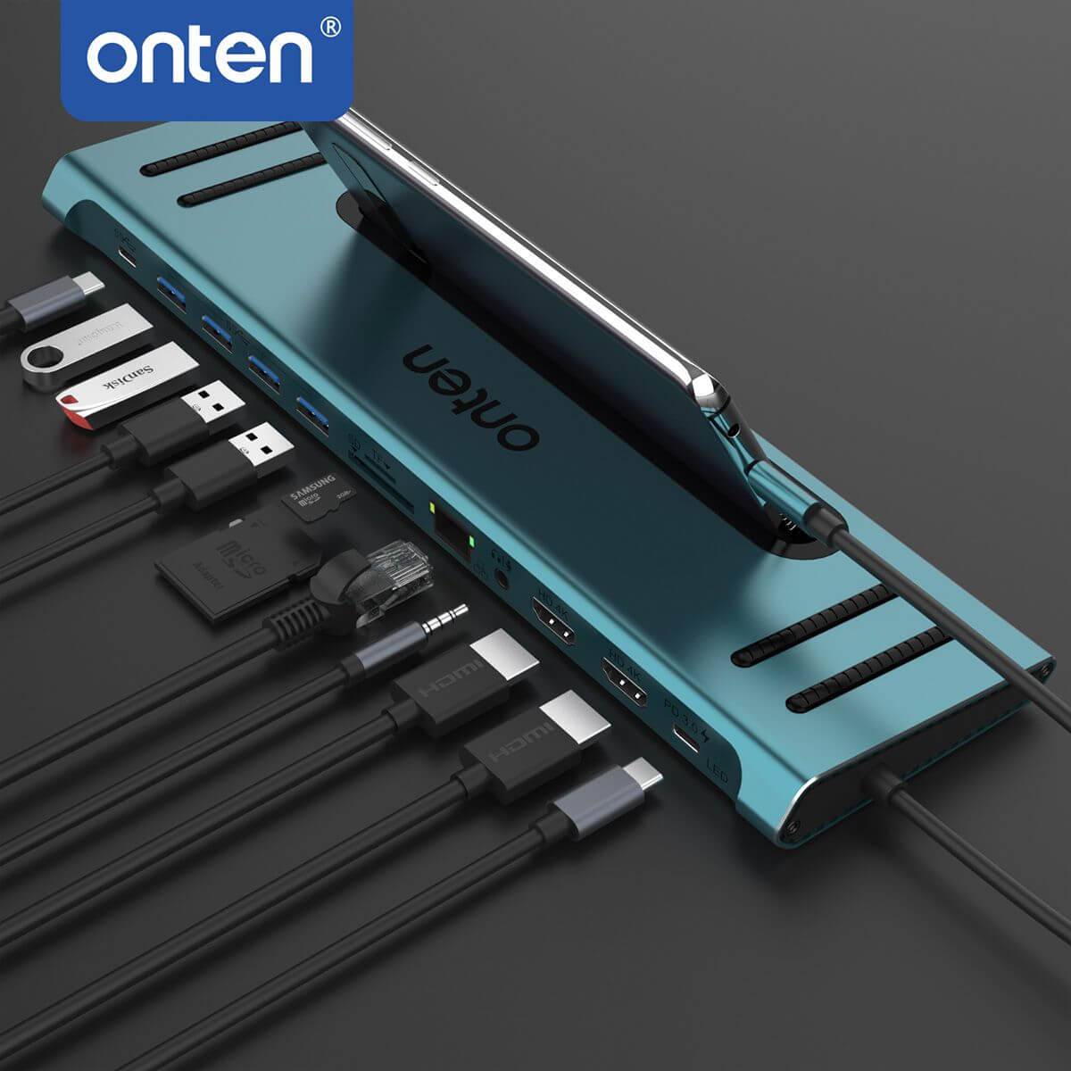 Onten 9199 docking station in use, connected to various peripherals including HDMI, USB, Ethernet, and SD cards for expanded functionality.
