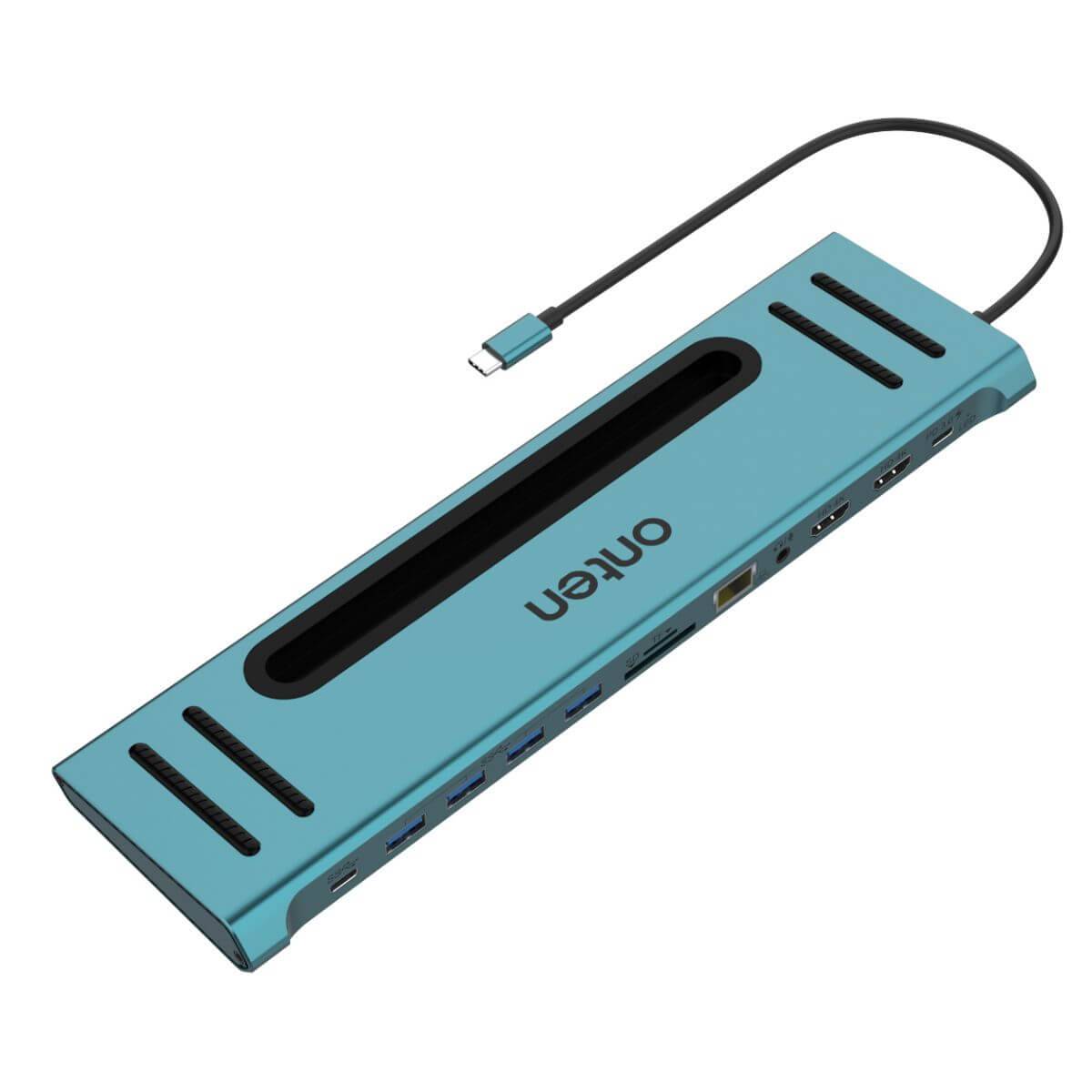 Onten 9199 12 in 1 Type-C Multi-Function Docking Station with multiple ports, including USB, HDMI, and Ethernet, in a sleek blue design.