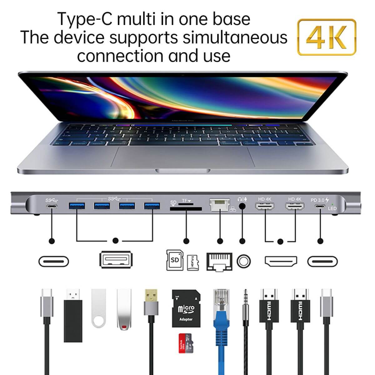 Diagram of Onten 9199 docking station showcasing simultaneous connections, including USB, HDMI, Ethernet, and SD card slots for enhanced productivity.