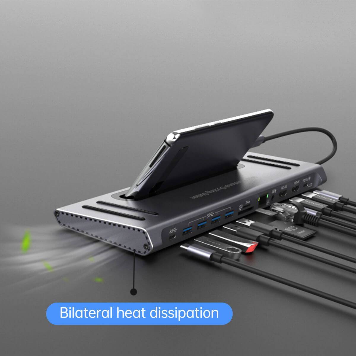 Onten 9199 docking station with bilateral heat dissipation design, ensuring efficient cooling while connecting multiple devices simultaneously.