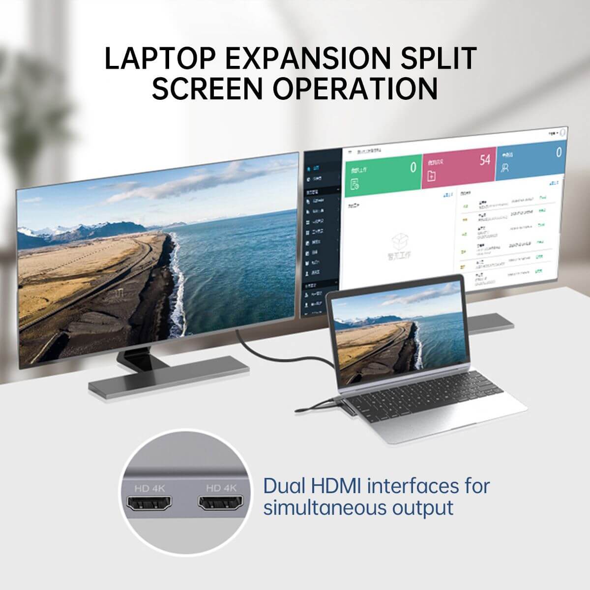 Onten 9199 docking station enabling dual 4K HDMI output for split-screen laptop expansion, enhancing multitasking and workflow efficiency.