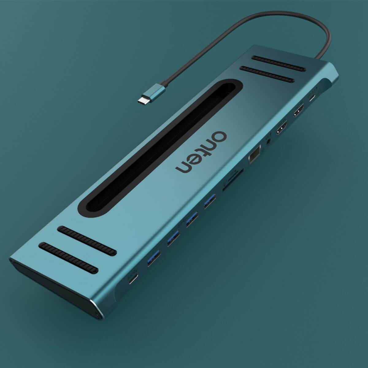 Close-up of Onten 9199 docking station in blue, featuring a modern design with multiple ports for seamless device connectivity.