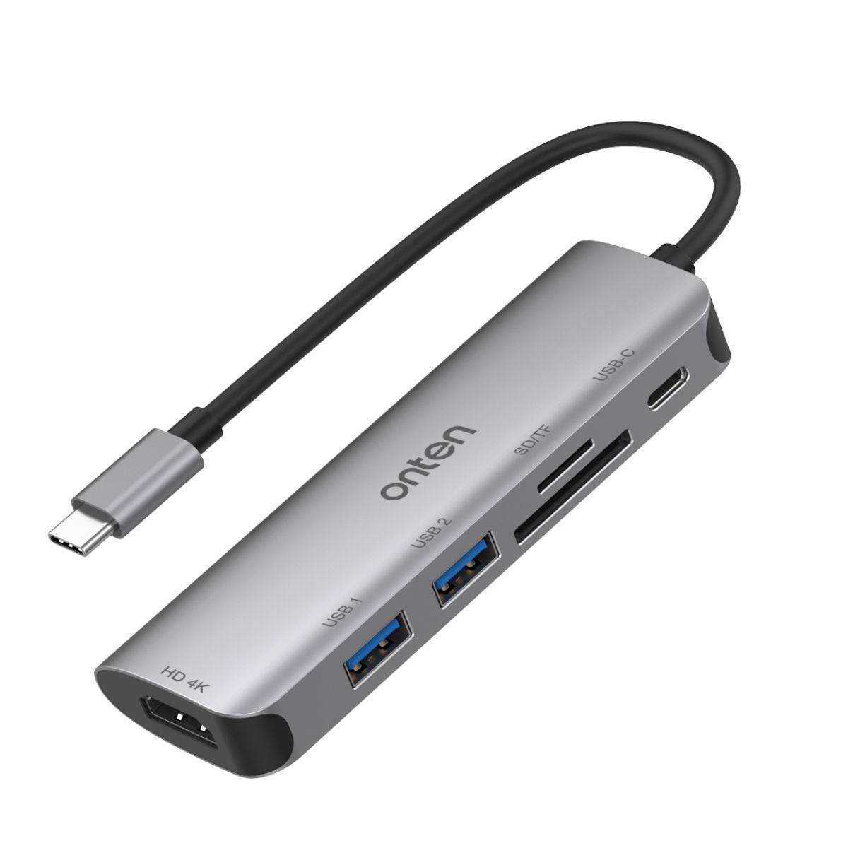 Onten 95116D 6 in 1 Type-C Multi-Function Docking Station with HDMI, USB 3.0, SD/TF card slots, and PD 3.0 charging in a sleek silver design.