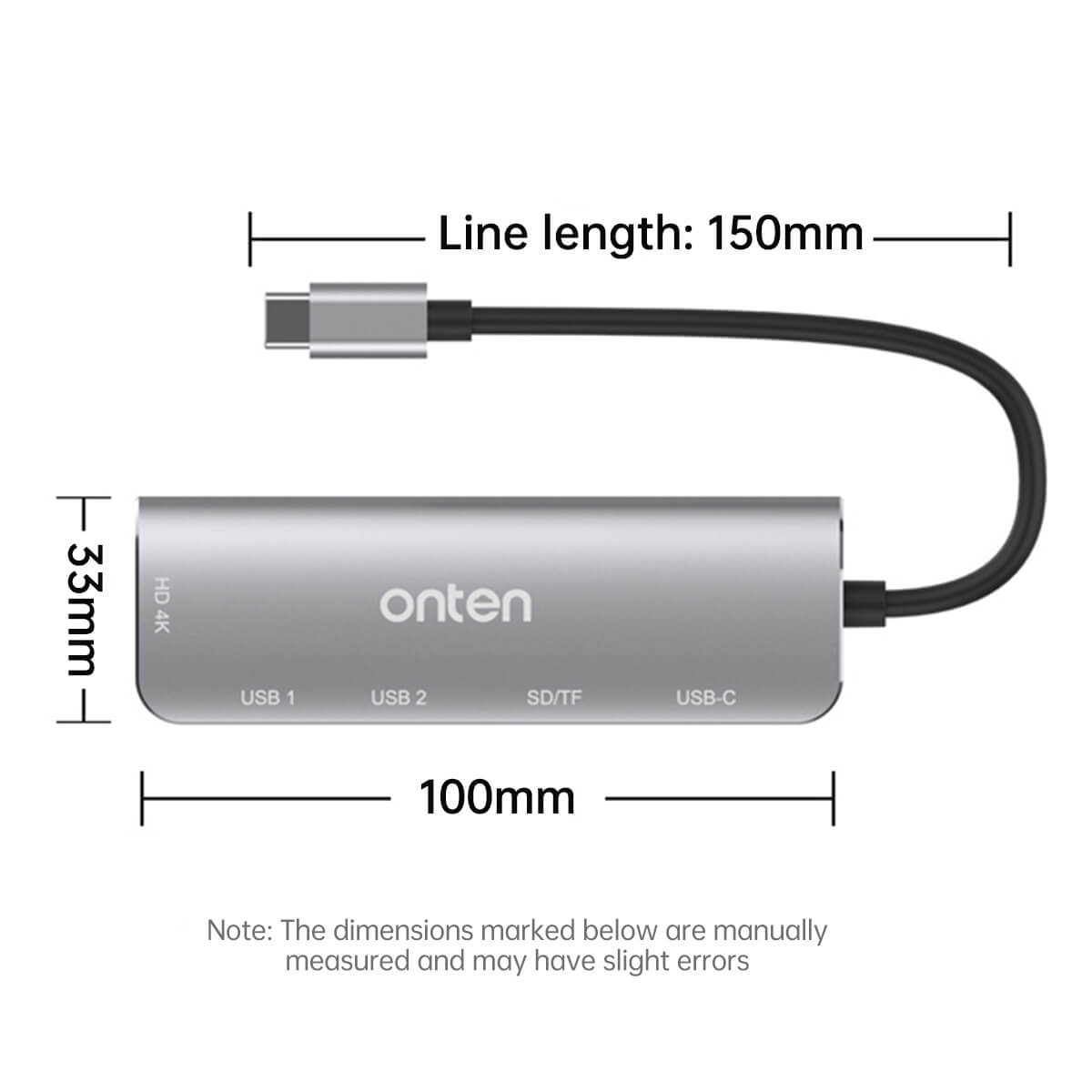 Onten 95116D USB-C docking station dimensions: 100mm length, 33mm width, and 150mm cable length, compact and portable for everyday use.