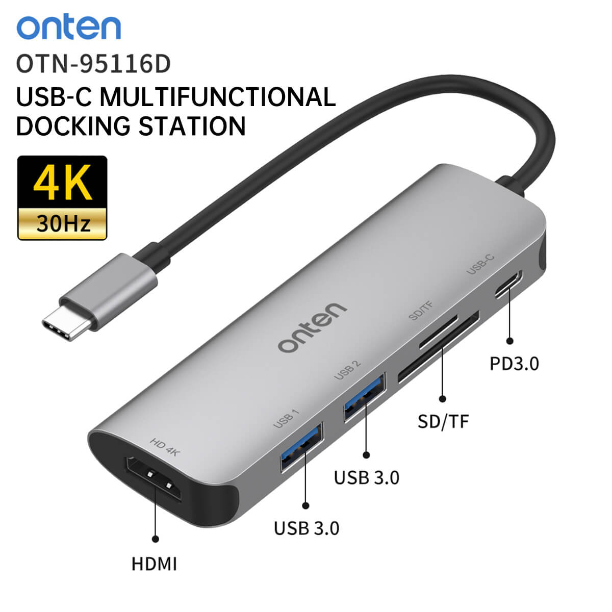 Onten 95116D USB-C multifunctional docking station featuring 4K HDMI, USB 3.0 ports, SD/TF slots, and PD 3.0 charging for enhanced connectivity.