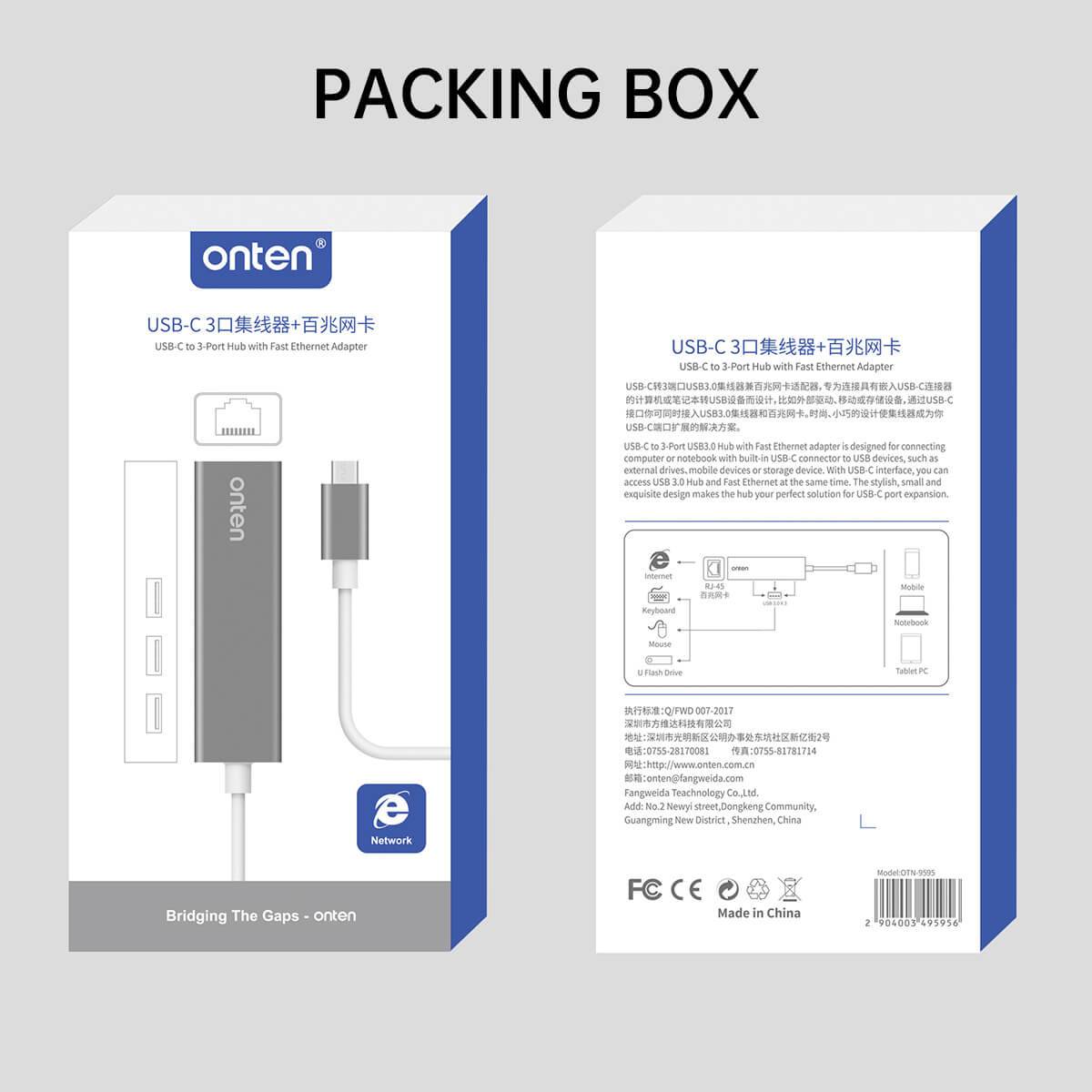 Onten 9593 USB-C to 3-Port Hub packaging box displaying product specifications, features, and compatibility details for enhanced connectivity solutions.